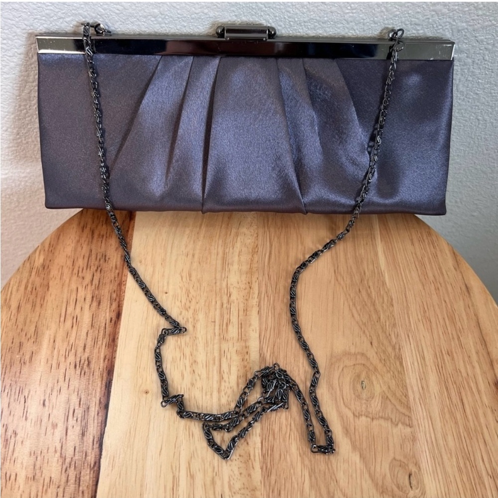 Jessica McClintock Blaire Satin Pewter Evening Clutch Purse with Shoulder Chain